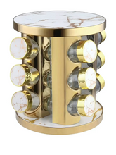 Set porta spezie girevole 360° in acciaio inox bianco con ritocchi in color oro composto da 9 vasetti in vetro
