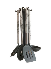 Set Utensili Mestoli da Cucina 6 Pezzi in Silicone Manico Marmo Con Supporto