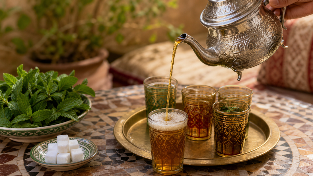 Tè marocchino atay servito dall'alto in bicchiere decorato con berrad e menta