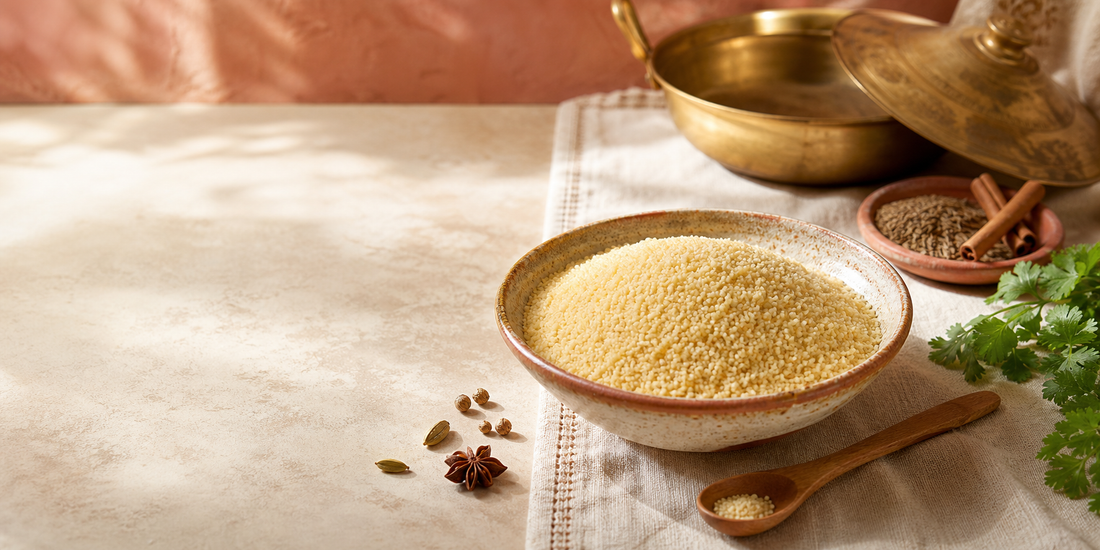 Couscous fine in una ciotola con spezie e utensili da cucina marocchina