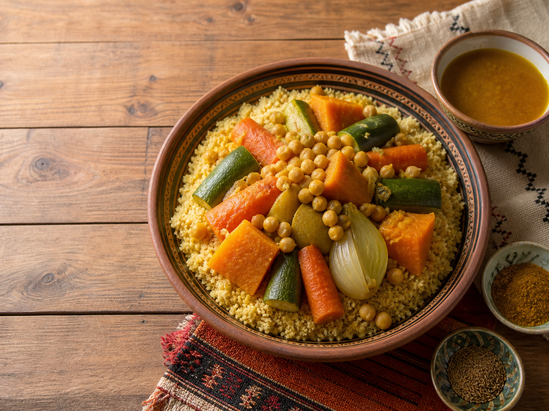 Cous cous di verdure alla marocchina con ceci e brodo di verdure