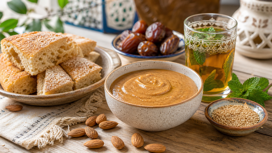 Amlou marocchino con mandorle, miele, datteri e te alla menta per colazione Zahiali