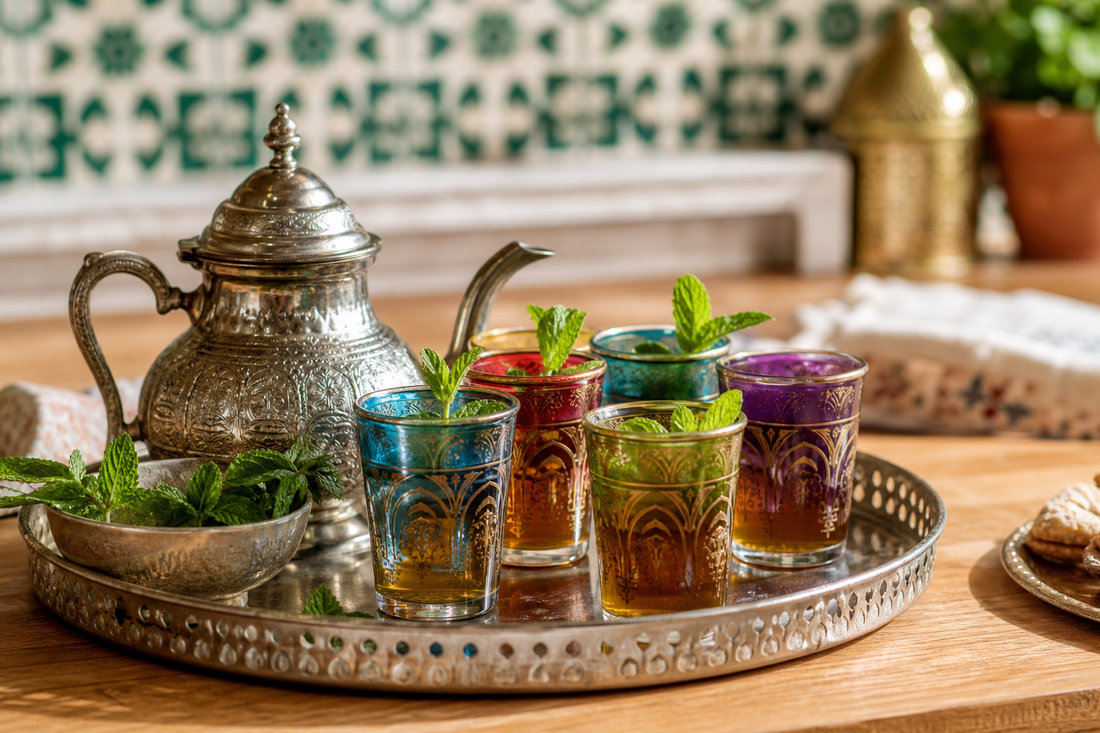 Bicchieri da te marocchini colorati con berrad e menta Zahiali