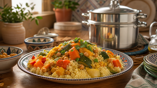 Couscous marocchino con verdure e couscoussiera sullo sfondo in cucina araba Zahiali