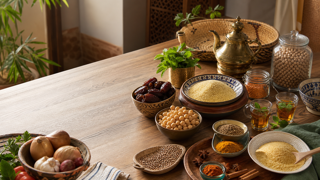 Dispensa araba Zahiali con couscous ceci spezie te alla menta e ingredienti marocchini
