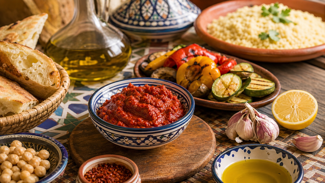 Harissa in ciotola con pane verdure grigliate e couscous per cucina araba Zahiali