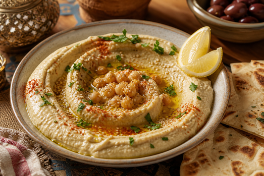 Hummus cremoso servito con ceci olio spezie limone e pane arabo Zahiali