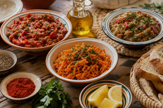 Insalate marocchine con carote al cumino, zaalouk, taktouka e spezie Zahiali