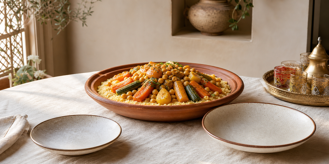 Piatto grande di couscous con verdure e piatti da portata di diverse misure