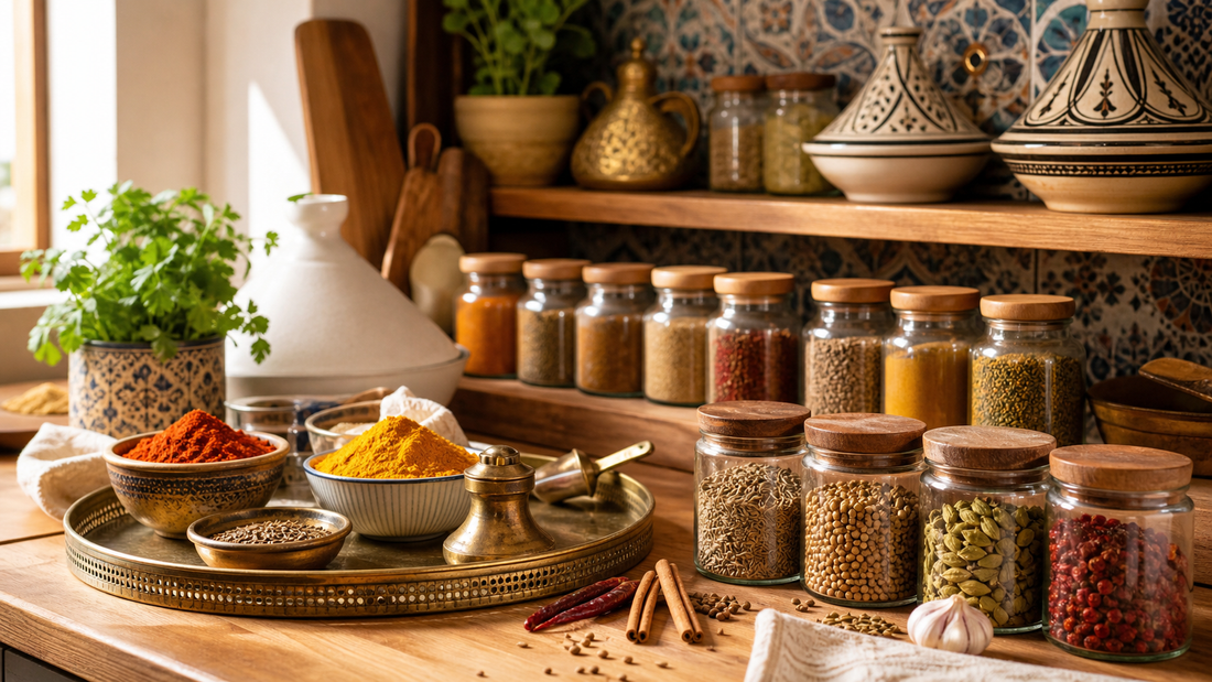Spezie arabe organizzate in barattoli e ciotole in cucina marocchina Zahiali