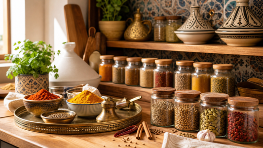 Spezie arabe organizzate in barattoli e ciotole in cucina marocchina Zahiali