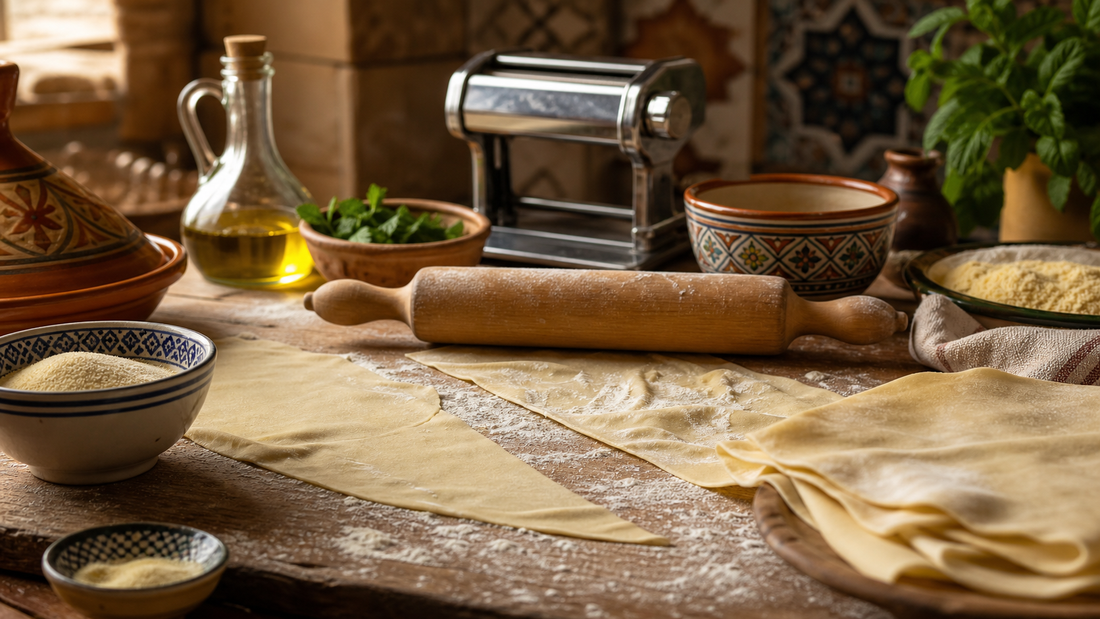 Sfoglie di pasta e matterello in cucina araba con rullo sullo sfondo per blog Zahiali