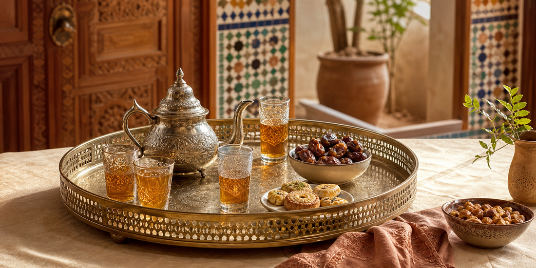 Siniya marocchina con teiera, bicchieri da tè, datteri e dolci