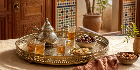 Siniya marocchina con teiera, bicchieri da tè, datteri e dolci