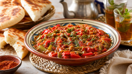 Taktouka marocchina con peperoni, pomodoro, spezie, pane e te per il blog Zahiali