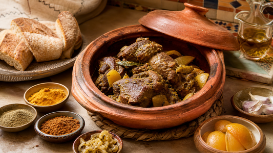 Tanjia marrakchia con spezie marocchine e pane su tavola araba Zahiali