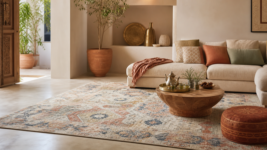 Salotto mediterraneo con tappeto lavabile antiscivolo e decor Zahiali