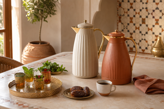 Thermos arabe con bicchieri da tè, caffè e datteri su una tavola marocchina