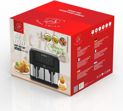 Friteuse à air Royal Swiss Fryer ® 6,5 L 1700 W - une nouvelle façon de cuisiner saine et savoureuse - 95 % de matières grasses en moins et jusqu'à 80 % de calories en moins - 8 programmes prédéfinis