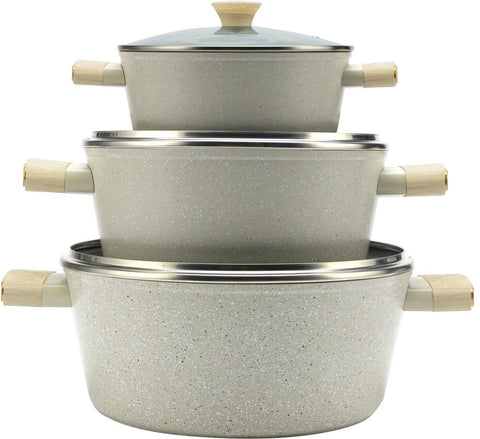 Royal Swiss Pan Set ® Set de poêles forgées - 11 pièces - Avec couvercles en verre - Tous feux - Revêtement antiadhésif - Sans PFAS - Revêtement marbre - Induction - Avec gants de cuisine - Beige 