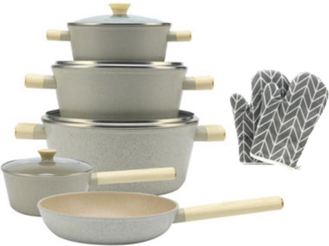 Royal Swiss Pan Set ® Set de poêles forgées - 11 pièces - Avec couvercles en verre - Tous feux - Revêtement antiadhésif - Sans PFAS - Revêtement marbre - Induction - Avec gants de cuisine - Beige 