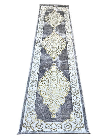 Passatoia Eleganza Argentea - Damascata Grigio e Oro 80x300 cm