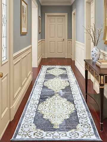 Passatoia Eleganza Argentea - Damascata Grigio e Oro 80x300 cm