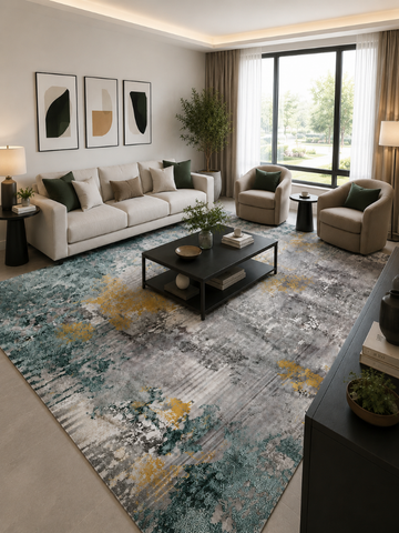 Tappeto Zahiali Smeraldo Oro - Tappeto Moderno Astratto per Soggiorno e Salotto | Antiscivolo e Lavabile | Verde Smeraldo, Grigio e Oro