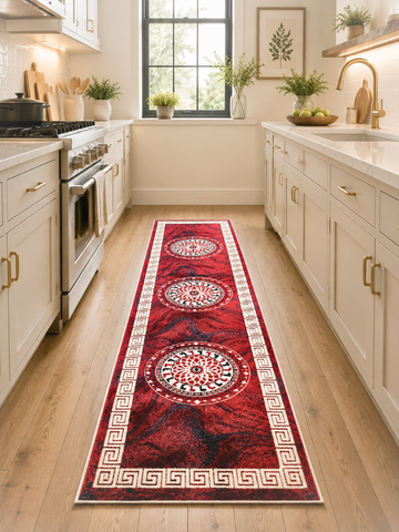 Passatoia Sentiero Imperiale - Rosso Rubino e Geometrie Greche 80x300 cm