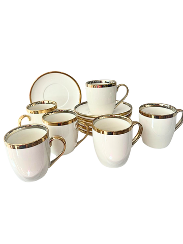 Set di Tazze Tazzine in Porcellana Bianca e Oro - 12 Pezzi con Piattini