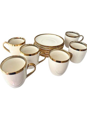 Set di Tazze Tazzine in Porcellana Bianca e Oro - 12 Pezzi con Piattini
