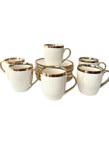 Set di Tazze Tazzine in Porcellana Bianca e Oro - 12 Pezzi con Piattini