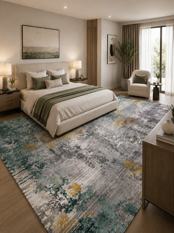 Tappeto Zahiali Smeraldo Oro - Tappeto Moderno Astratto per Soggiorno e Salotto | Antiscivolo e Lavabile | Verde Smeraldo, Grigio e Oro