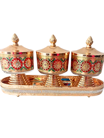 Set di 3 Contenitori Dorati con Vassoio di Lusso