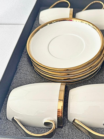Set di Tazze Tazzine in Porcellana Bianca e Oro - 12 Pezzi con Piattini