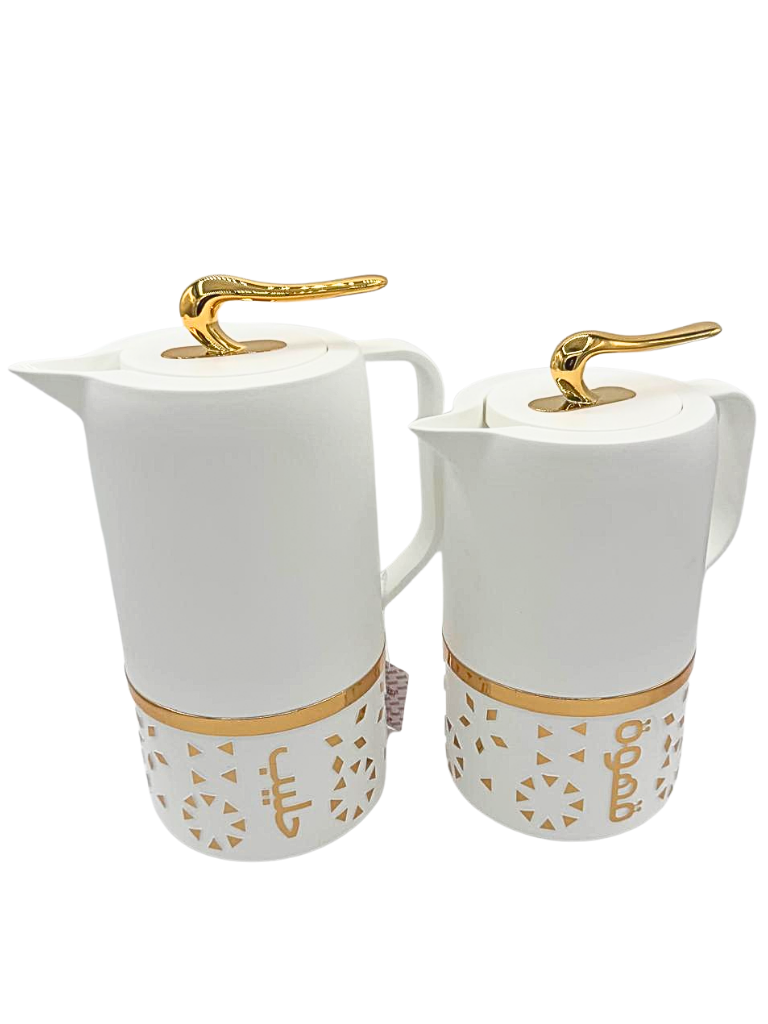 Set bianco di caraffe termiche con base decorata oro