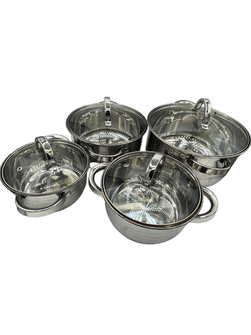 Set di 4 pentole da cucina con coperchio in vetro in Acciaio Inox Resistenti Durature