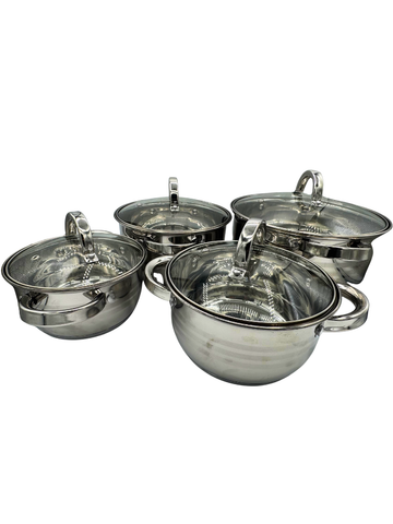 Set di 4 pentole da cucina con coperchio in vetro in Acciaio Inox Resistenti Durature
