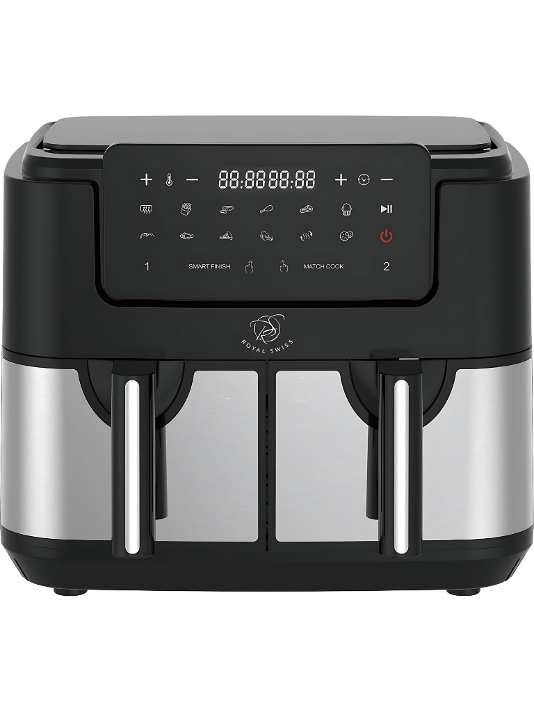 مقلاة هوائية Royal Swiss Fryer® سعة 6.5 لتر بقوة 1700 واط - طريقة طهي جديدة صحية ولذيذة - دهون أقل بنسبة 95% وسعرات حرارية أقل بنسبة تصل إلى 80% - 8 برامج معدة مسبقًا