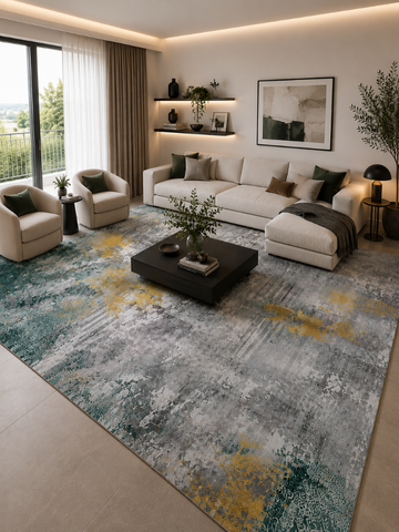 Tappeto Zahiali Smeraldo Oro - Tappeto Moderno Astratto per Soggiorno e Salotto | Antiscivolo e Lavabile | Verde Smeraldo, Grigio e Oro