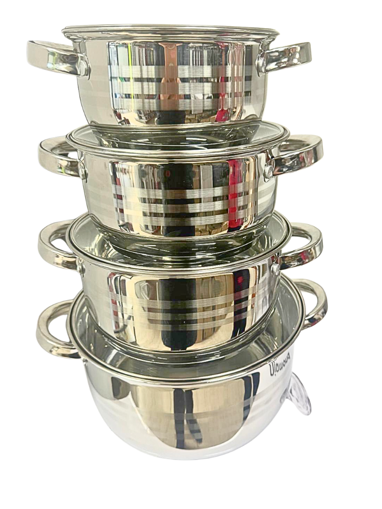 Set 4 pentole in acciaio inox con coperchi in vetro