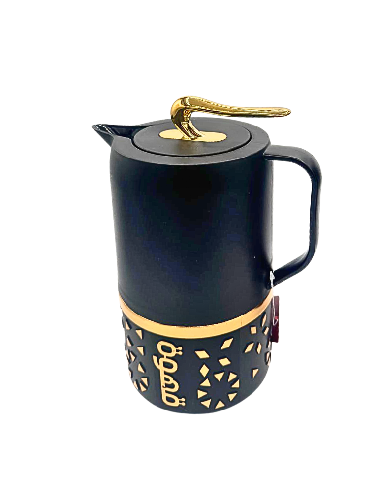 Caraffa termica nera con coperchio e manico dorato