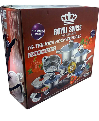 Royal Swiss ® Batteria Da Cucina da 16 Pezzi In Acciaio Inox Completa