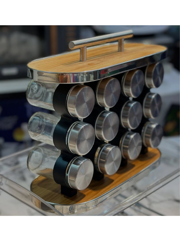 Set spezie da 12 vasetti black con efetto bamboo e acciao inox