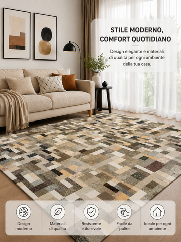 Tappeto Zahiali Mosaico Urbano - Tappeto Geometrico Moderno per Soggiorno e Salotto | Antiscivolo e Lavabile | Beige, Grigio e Sabbia