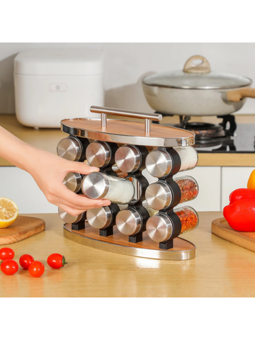 Set spezie da 12 vasetti silver con efetto bamboo e acciao inox
