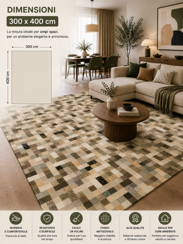 Tappeto Zahiali Mosaico Urbano - Tappeto Geometrico Moderno per Soggiorno e Salotto | Antiscivolo e Lavabile | Beige, Grigio e Sabbia