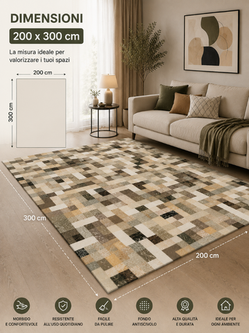 Tappeto Zahiali Mosaico Urbano - Tappeto Geometrico Moderno per Soggiorno e Salotto | Antiscivolo e Lavabile | Beige, Grigio e Sabbia