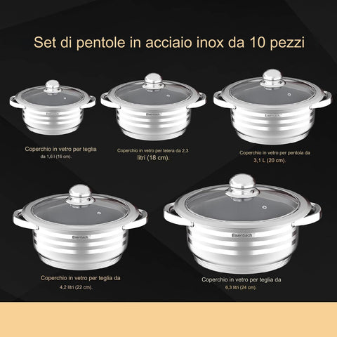 Eisenbach ® Set Pentole 10 Pezzi In Acciaio Inox Inossidabile ad Induzione