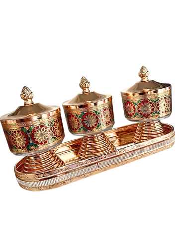 Set di 3 Contenitori Dorati con Vassoio di Lusso